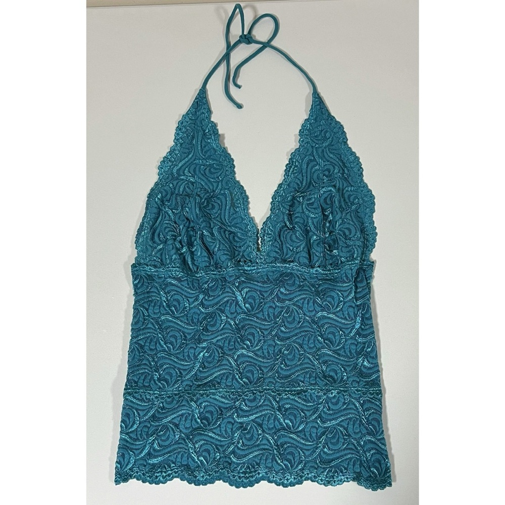 Bebe Teal Blue Lace Y2K Halter Tank Top Shirt Blouse Cami Tee Size M ✨ #bebe